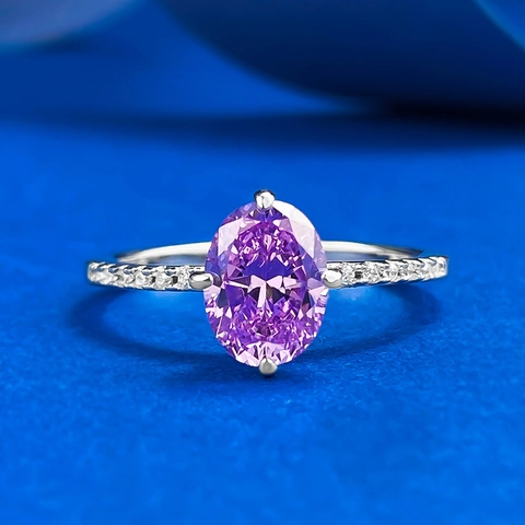 Elegant 925 Sterling Silver Lavender Purple Oval Rhinestone Ring For Women Fashion Inlaid Geometric Finger Jewelry Gift