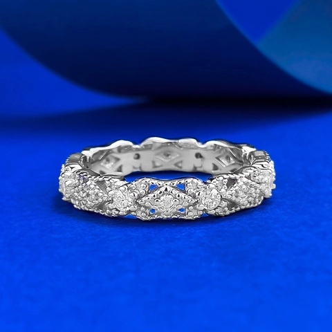 S925 Sterling Silver Vintage Hollow Lace Ring For Women Luxurious Pave Rhinestone Court Style Geometric Wedding Eternity Band