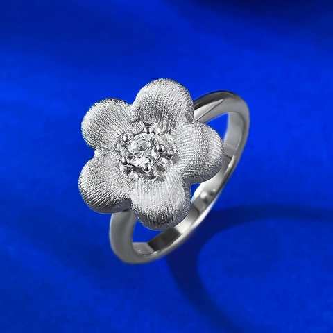 Anello Fiore Spazzolato in Argento Sterling S925 per Donna Nuovo Stile Cinese Elegante Intarsiato con Strass Gioielli di Moda