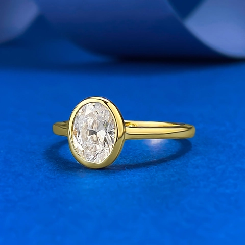 925 Sterlingsilber Ovalschliff Zargenfassung Strass Ring Für Damen Gold Plattiert Simulierter Diamant Hochzeit Schmuck