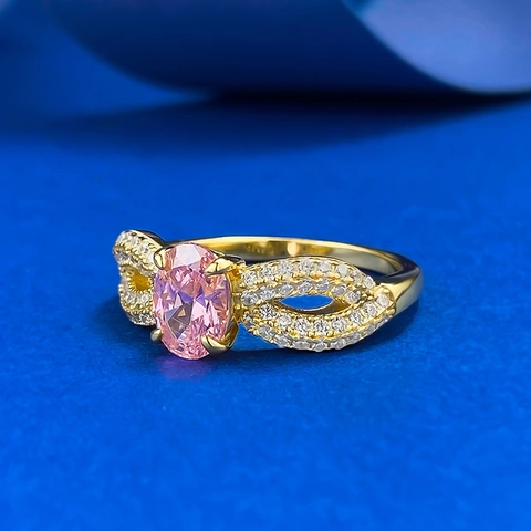 925 Sterling Silver Gold Plated Oval Padparadscha Pink Rhinestone Infinity Ring For Women Fashion Commute Jewelry