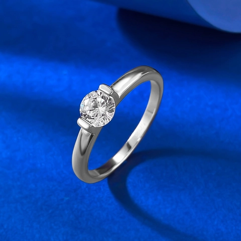 Anello Solitario in Argento Sterling 925 Con Strass Rotondo per Donna Elegante Minimalista Intarsiato Fidanzamento Pendolare Gioielli