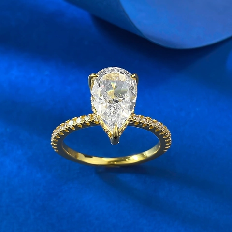 925 Sterling Silver Pear Cut Rhinestone Ring For Women Gold Plated Water Drop Shape Fashion Jewelry Elegant Finger Ring