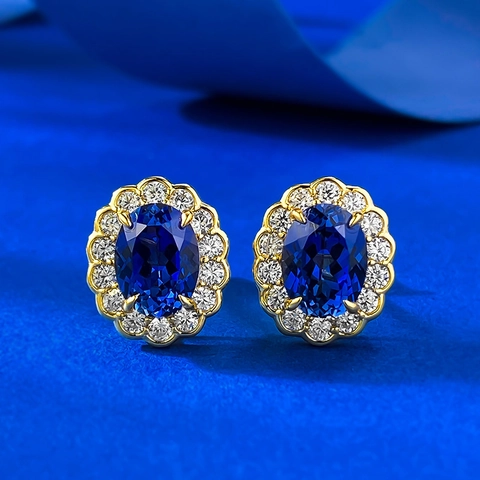 Boucles d'Oreilles Clous Ovales Bleu Royal en Argent Sterling S925 pour Femmes Vintage Halo Strass Bijoux de Mode Cadeau de Fête