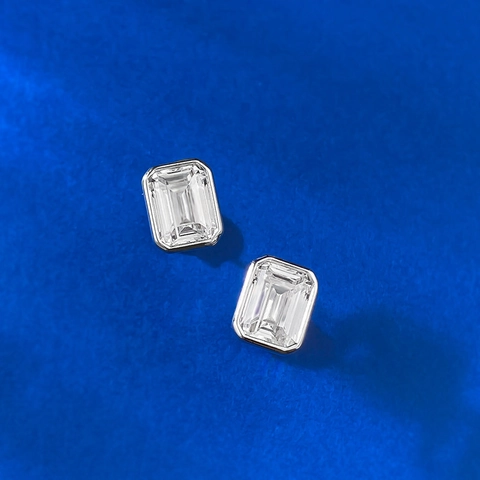 Orecchini a Bottone Rettangolari Taglio Smeraldo Argento Sterling 925 Incastonatura a Castone Strass Gioielli Classici Donna