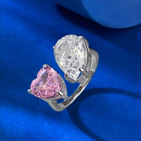 925 Sterling Silver Toi Et Moi Open Ring Pink Heart White Pear Rhinestone Adjustable Wedding Party Jewelry For Women