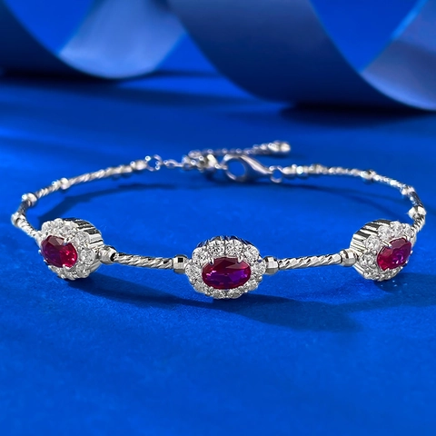 Vintage S925 Sterling Silver Red Rhinestone Bracelet Palace Style Inlaid White Gold Plated Red Ruby Color Bracelet For Women Jewelry