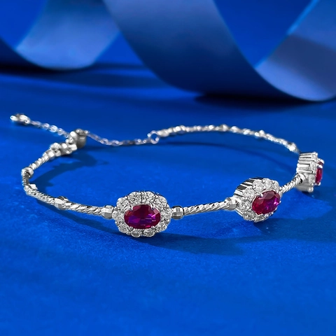 Vintage S925 Sterling Silver Red Rhinestone Bracelet Palace Style Inlaid White Gold Plated Red Ruby Color Bracelet For Women Jewelry