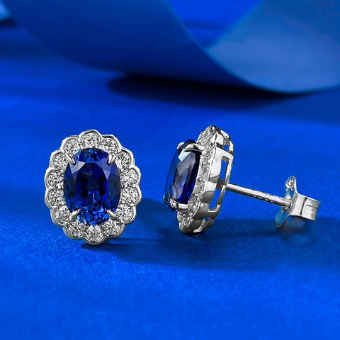 925 Sterlingsilber Königsblau Oval Ohrstecker Für Damen Elegant Halo Strass Eingelegt Geometrisch Mode Schmuck Geschenk