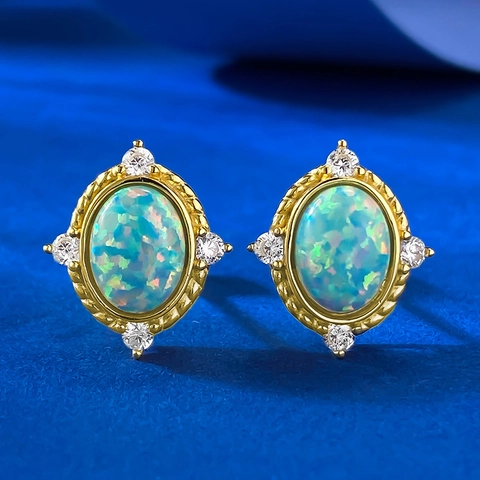 Pendientes de Botón de Ópalo Ovalado de Plata de Ley 925 Vintage Lujo Strass Incrustado Estilo Palacio Joyas para Mujer