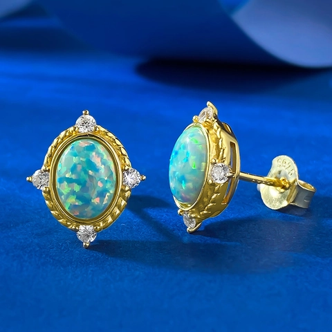 Pendientes de Botón de Ópalo Ovalado de Plata de Ley 925 Vintage Lujo Strass Incrustado Estilo Palacio Joyas para Mujer