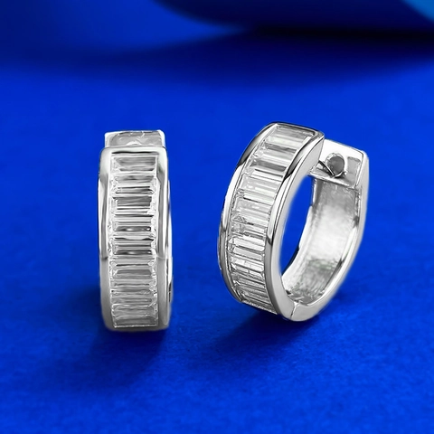 Pendientes de Aro de Plata de Ley 925 con Diamantes de Imitación de Corte Baguette Pendientes Huggie Rectangulares Geométricos Mujer