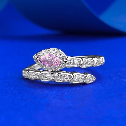 Luxury 925 Sterling Silver Snake Ring For Women Pink Waterdrop Rhinestone Inlaid Serpenti Wrap Ring Fashion Jewelry Gift