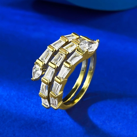S925 Sterlingsilber Vergoldet Schlangenförmig Dreischichtige Strass Ring Für Damen Mode Luxus Geometrischer Schmuck