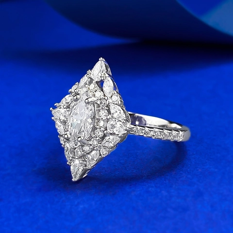 Vintage 925 Sterling Silver Marquise Cut Rhinestone Ring For Women Geometric Inlaid Cluster Finger Ring Fashion Jewelry
