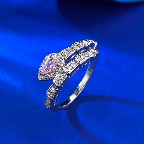 Luxury 925 Sterling Silver Snake Ring For Women Pink Waterdrop Rhinestone Inlaid Serpenti Wrap Ring Fashion Jewelry Gift