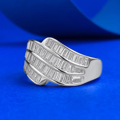 Anello a Fascia Ondata in Argento Sterling S925 per Donna Lusso Taglio Baguette Pavé di Strass Gioielli Geometrici per Matrimonio