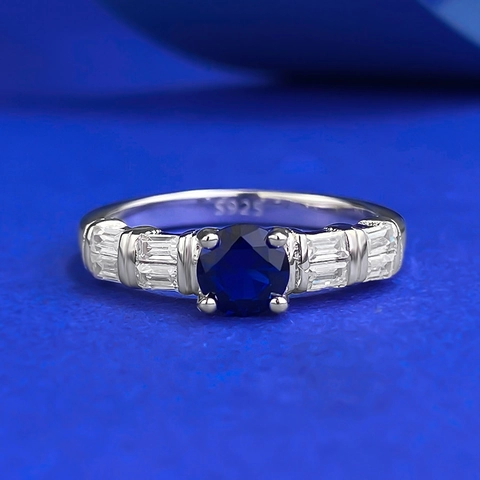 925 Sterling Silver Blue Rhinestone Ring For Women Fashion Round Sapphire-Look Geometric Inlaid Finger Ring Jewelry Gift