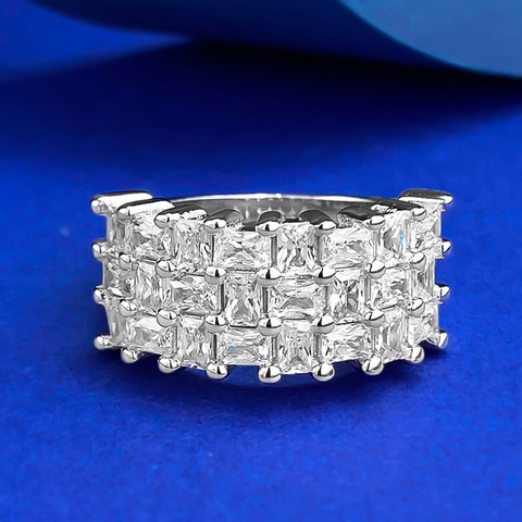 Luxury 925 Sterling Silver Square Cut Zirconia Pave Ring For Women High End Elegant Multi Row Inlaid Wedding Jewelry Ring Gift