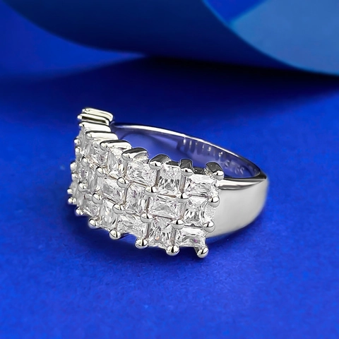 Luxury 925 Sterling Silver Square Cut Zirconia Pave Ring For Women High End Elegant Multi Row Inlaid Wedding Jewelry Ring Gift