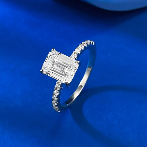 Elegant 925 Sterling Silver Emerald Cut Rhinestone Ring For Women Classic Geometric Rectangle Sugar Cube Pave Band Engagement Jewelry