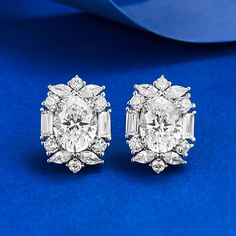 Lussuosi Orecchini a Bottone in Argento 925 per Donna Ovale Strass Cluster Design Floreale Delicato Semplice Gioielli per Feste