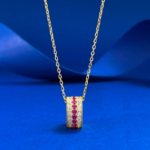 Vintage 925 Sterling Silver Gold Plated Cylindrical Pendant Necklace For Women Red White Rhinestone Inlaid Geometric Chain Jewelry Gift