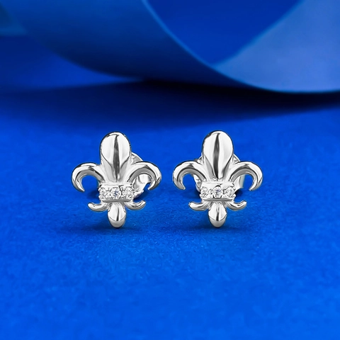 Pendientes de Botón de Plata de Ley 925 con Flor de Iris Pendientes Elegantes de Strass Fleur-de-lis para Mujer Joyería