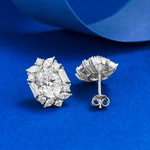 Lussuosi Orecchini a Bottone in Argento 925 per Donna Ovale Strass Cluster Design Floreale Delicato Semplice Gioielli per Feste
