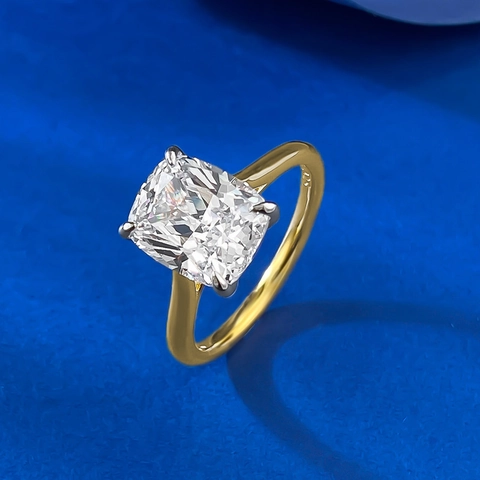 Bague en Strass Coupe Coussin Argent Sterling 925 Géométrique Bicolore Plaqué Or Bijoux de Mode pour Femmes Cadeau Élégant