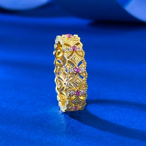 Anello in Argento Sterling 925 Placcato Oro Geometrico Vuoto Reticolo Pizzo Rosa Strass Intarsiato Anello a Fascia Donna Gioielli