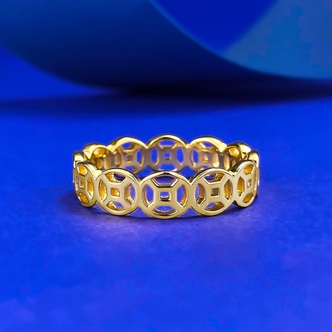 Anello a Fascia in Argento Sterling 925 Placcato Oro con Antica Moneta Minimalista Stile Neo-Cinese Tradizionale con Strass Incastonati Gioielli Donna Regalo