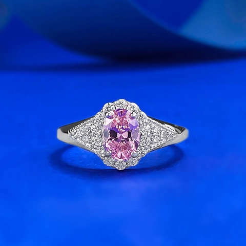 Anello in Argento Sterling 925 per Donna Elegante Design Halo con Strass Rosa Ovale Lussuosi Gioielli con Micro Intarsio Anello da Dito
