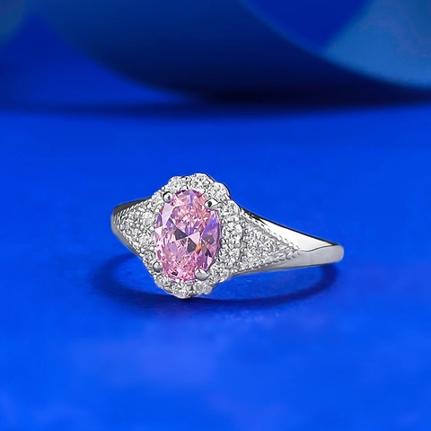 Anello in Argento Sterling 925 per Donna Elegante Design Halo con Strass Rosa Ovale Lussuosi Gioielli con Micro Intarsio Anello da Dito