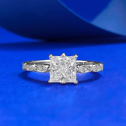 Anello in Argento Sterling 925 con Strass Bianchi Taglio Principessa per Donna Quadrato Intarsiato Gioielli di Moda Vintage Regalo Matrimonio Festa