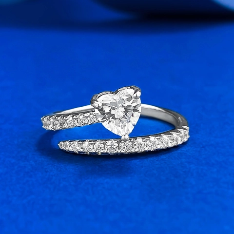 S925 Sterling Silver Heart Shape Open Ring For Women Adjustable Fashion Jewelry Elegant Finger Ring Rhinestone Inlaid Gift