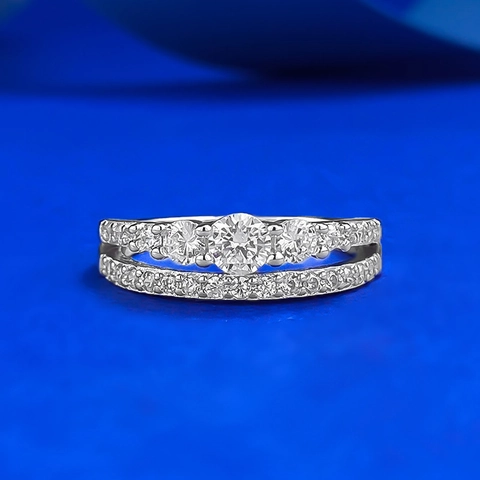 925 Sterling Silver Double Layer Pave Ring For Women Elegant Round Rhinestone Inlaid Geometric Fashion Finger Jewelry Gift
