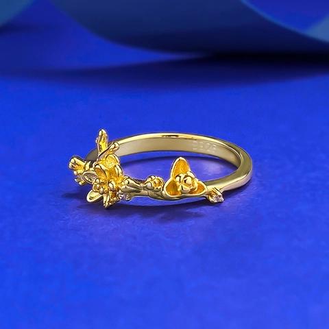 925 Sterling Zilver Vergulde Pruimenbloesem Bloemblaadje Ring Voor Dames Minimalistisch Botanische Tak Strass Vingerring Sieraden