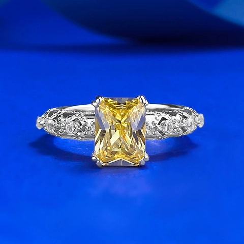 Lussuoso Anello in Argento Sterling 925 Con Strass Giallo Rettangolare Taglio Smeraldo Elegante Gioiello di Moda per Donna Regalo di Nozze