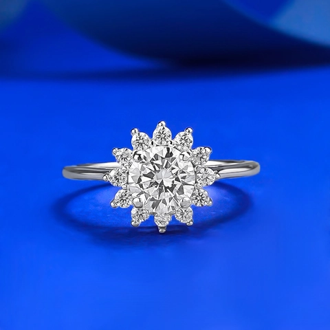 Anillo de Plata de Ley 925 Forma Girasol para Mujer Incrustado Strass Blanco Redondo Elegante Moda Joyería Geométrica