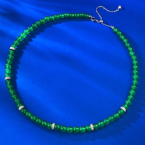925 Sterlingsilber Perlenkette Für Damen Elegant Grüner Chalcedon Kette Mit Strass Trennelementen Verstellbarer Schmuck