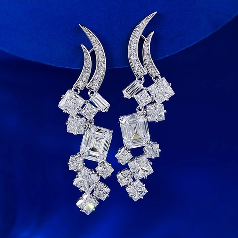 Elegant 925 Sterling Silver Drop Earrings For Women Emerald Cut Rhinestone Geometric Bowknot Luxurious Dangle Earring Banquet Jewelry