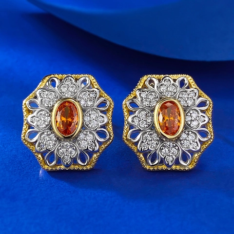 Vintage Bohemian Sonnenuntergang Orange Oval Ohrstecker 925 Sterlingsilber Ohrstecker-Stift Gold Silber Strass Schmuck