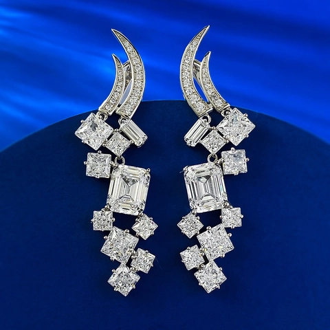 Elegant 925 Sterling Silver Drop Earrings For Women Emerald Cut Rhinestone Geometric Bowknot Luxurious Dangle Earring Banquet Jewelry