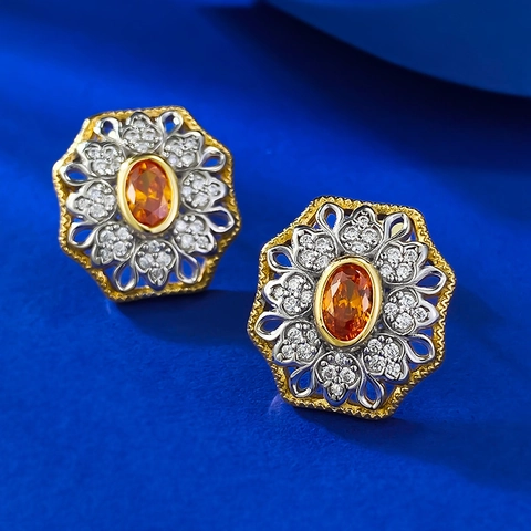 Vintage Bohemian Sonnenuntergang Orange Oval Ohrstecker 925 Sterlingsilber Ohrstecker-Stift Gold Silber Strass Schmuck
