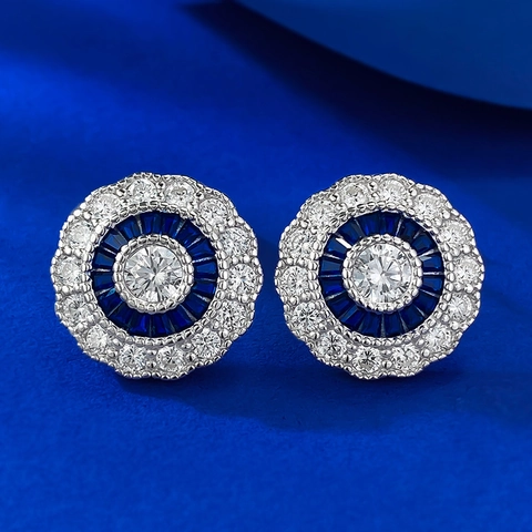925 Sterling Zilveren Ronde Strass Oorknopjes Voor Vrouwen Elegante Blauwe Madeliefje Bloem Ingelegde Oorbellen Sieraden Cadeau