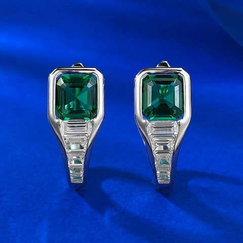 925 Sterling Silver Earring Post Asscher Cut Emerald Green Rhinestone Huggie Earrings Geometric Inlaid Jewelry For Women Wedding Banquet
