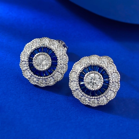 925 Sterling Zilveren Ronde Strass Oorknopjes Voor Vrouwen Elegante Blauwe Madeliefje Bloem Ingelegde Oorbellen Sieraden Cadeau
