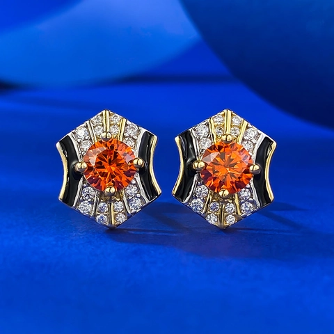 Orecchini a Bottone Esagonali Geometrici in Argento Sterling 925 Placcati Oro per Donna Pietra Arancio Smalto Nero