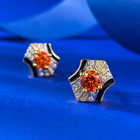 Orecchini a Bottone Esagonali Geometrici in Argento Sterling 925 Placcati Oro per Donna Pietra Arancio Smalto Nero